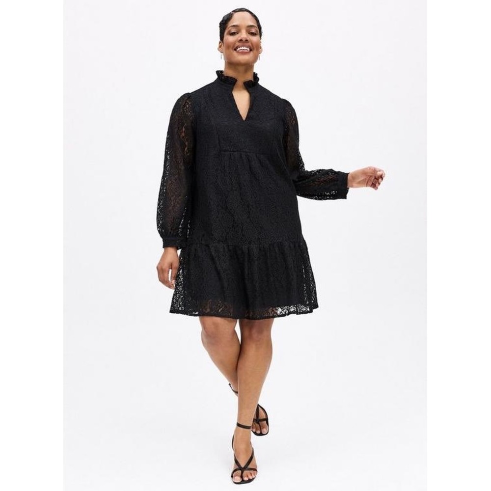 Belle Isle by Torrid Lace Babydoll Dress Black Size 3 Long Sleeve Ruffle Neck